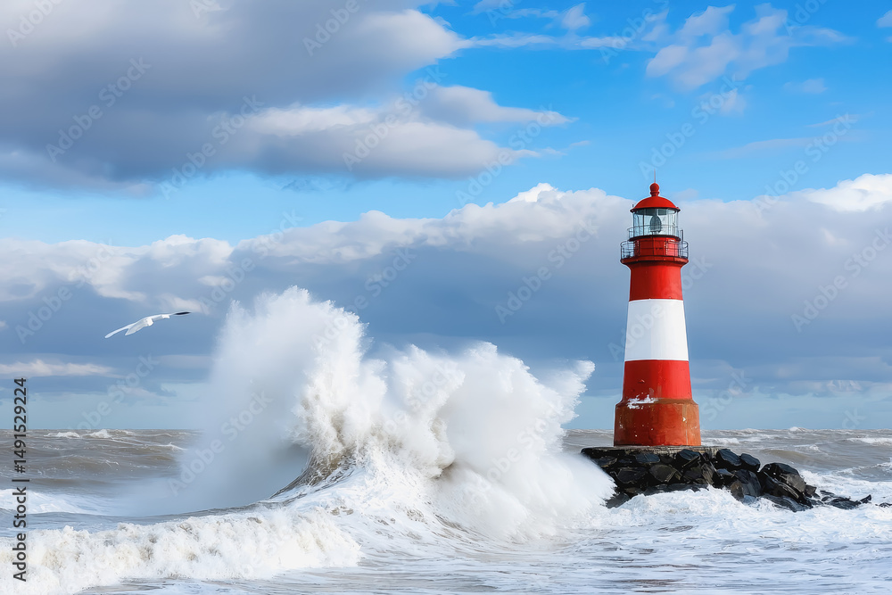 Obraz premium Majestic lighthouse standing tall amidst stormy seas with waves crashing dramatically against its solid structure