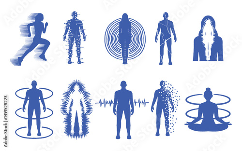 Abstract Y2K-style human silhouettes with acid graphic effects, including glitch, pixelation, aura rings, and meditative poses.