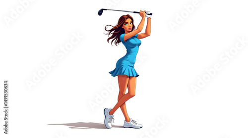 A dedicated golfer captured at the moment of a powerful swing on a pristine fairway. The golfer is mid-action as the club arcs gracefully toward a perfectly placed ball. Vector design illustration