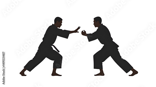  two martial artists engaged in an intense sparring session that embodies the spirit of traditional combat techniques and disciplined training. Both athletes are outfitted in pristine 
