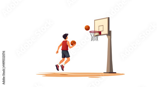 Vector illustration a split second of intense athleticism and determination in a vibrant basketball game. his body fully extended as he prepares to execute a perfect jump shot. For design