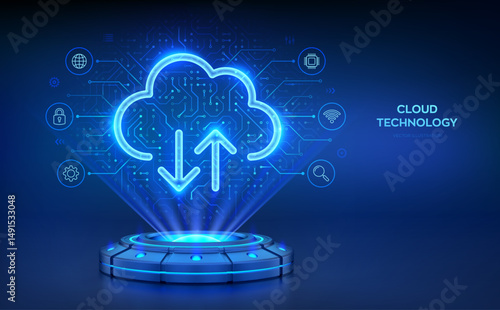 Cloud computing service. Holographic platform with glowing rays forming a projection of a Cloud Storage. Database storage, Data center. Upload download app. Circuit board pattern. Vector illustration.