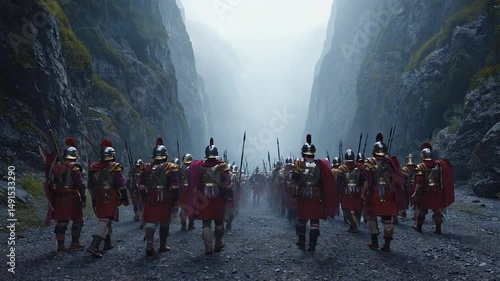 Ancient soldiers marching through mountain pass in historical attire