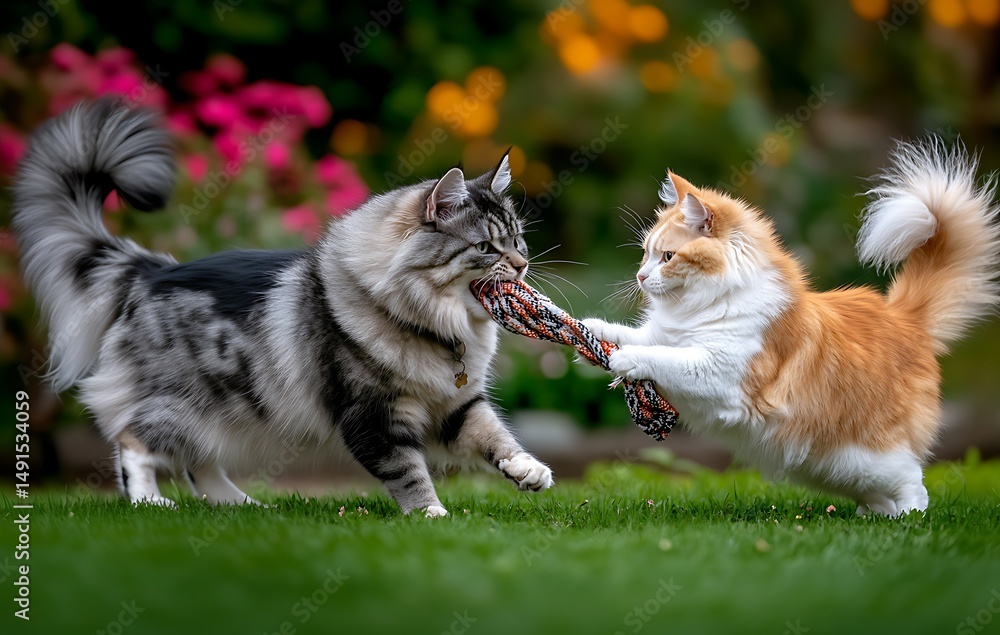 Fototapeta premium Playful cats engaging in a tug-of-war game garden setting nature photography close-up angle pet interaction
