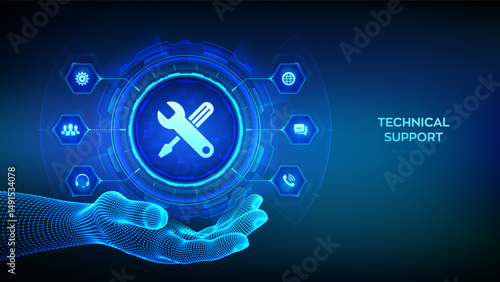 Technical support icon in wireframe hand. Customer help. Tech support. Customer service, Business and technology concept. Tech support assistance. 24 hours servises. 24-7 support. Vector illustration.