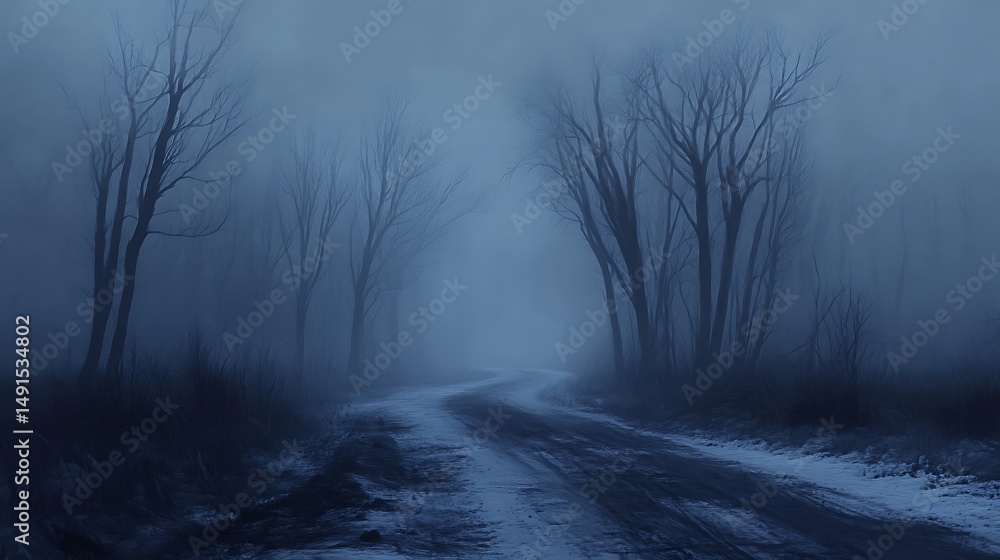 The icy winter road disappears into the foggy woods in an eerie monochrome landscape The icy winter road disappears into the foggy woods in an eerie monochrome landscape