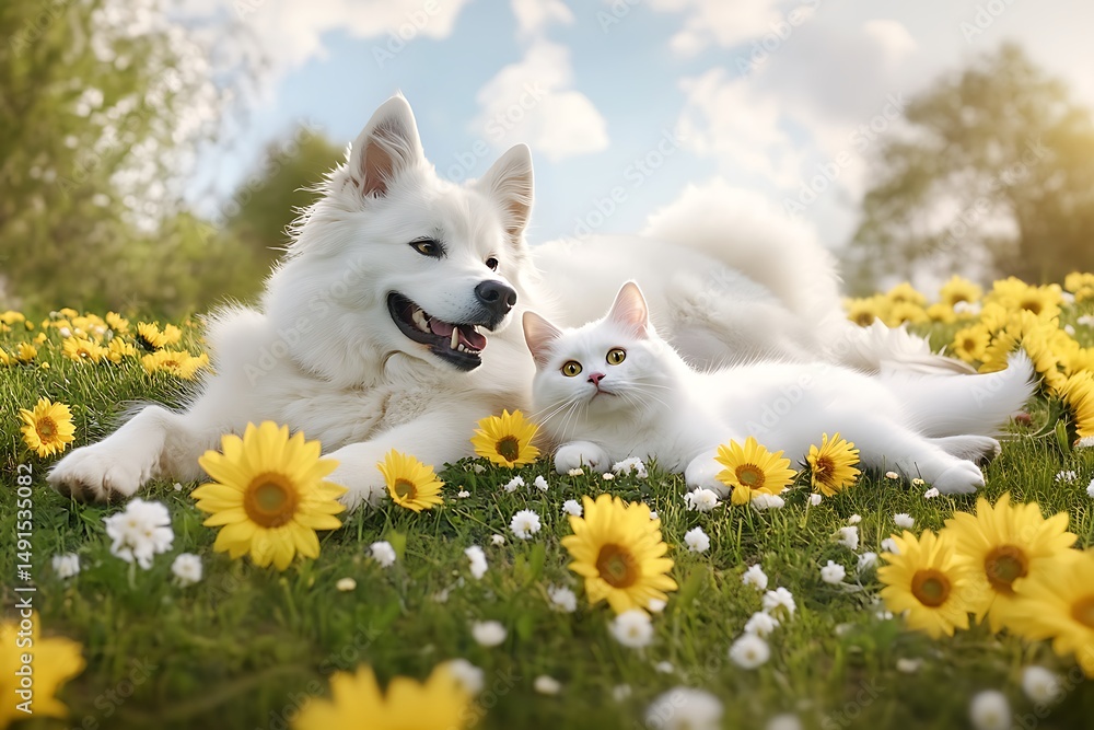 Playful dog and cat relaxing in sunflower field nature photography bright environment close-up friendship Playful dog and cat relaxing in sunflower field nature photography bright environment close-up friendship