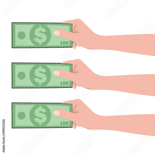 Vector illustration of a hand holding a dollar bill. 100 dollar banknotes