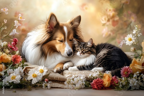 Peaceful moment between dog and cat flower garden pet photography vibrant setting close-up animal companionship