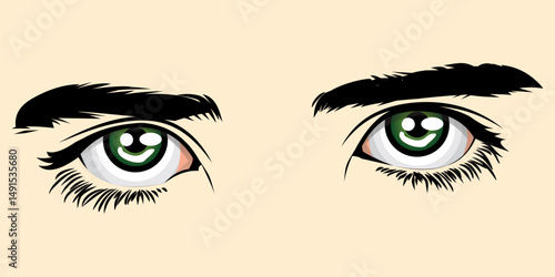 vector close-up of a pair of green eyes with thick black eyebrows and curled eyelashes