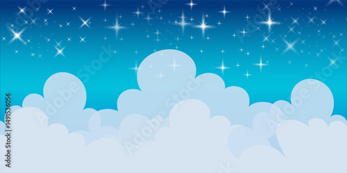 Night sky background with clouds and stars. Vector magic space illustration. Dreamy blue gradient galaxy. Cartoon cosmic fantasy universe landscape
