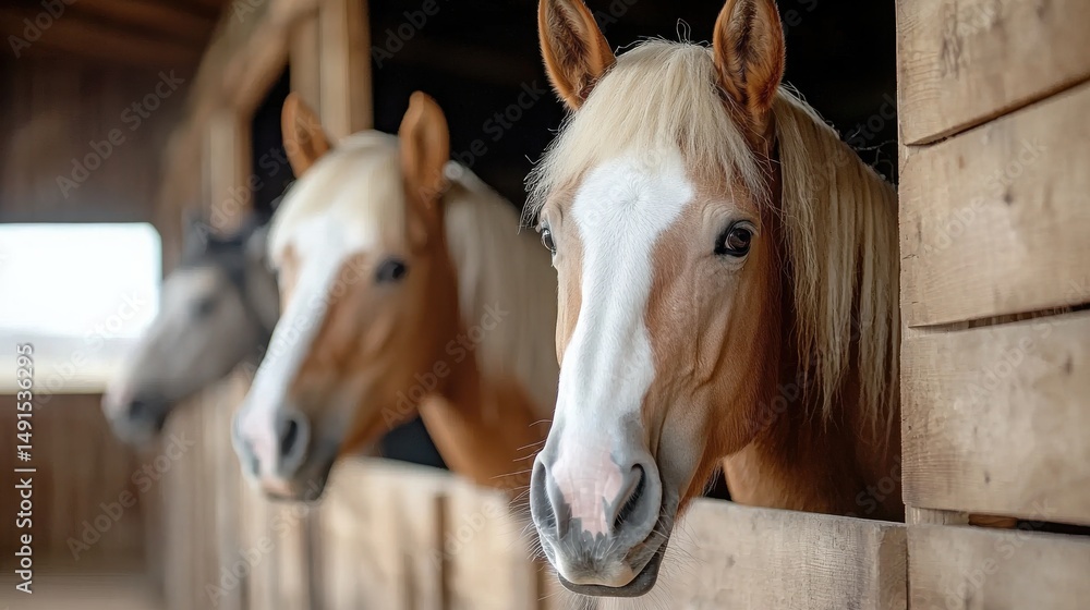 Fototapeta premium Horses waiting stable animal photography rustic environment close-up view equine beauty