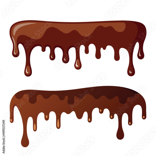 Sweet brown liquid chocolate dripping collections,  delicious vector illustration of a flowing melt, A set of sweet brown chocolate liquid drips and flows in a vector illustration design