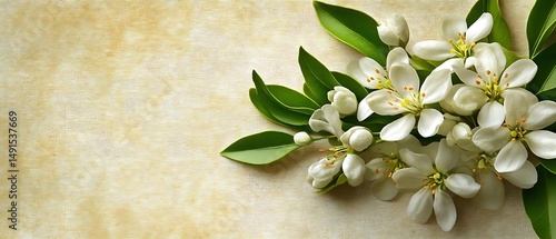 White blossoms on beige. Floral spring card