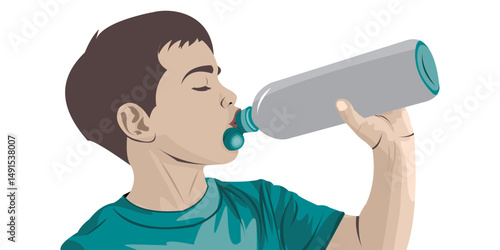 vector illustration of a boy holding a mineral water drinking bottle while standing