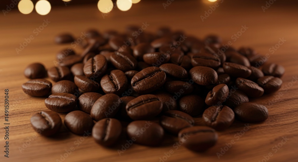 Aromatic coffee beans atop wood surface Aromatic coffee beans atop wood surface