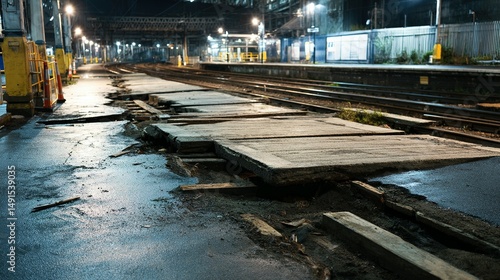 Damaged railway platform at night, showing cracked concrete slabs.
