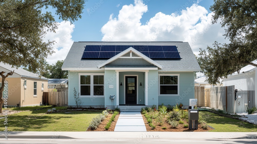 Light-blue house with solar panels on a sunny day. Light-blue house with solar panels on a sunny day.