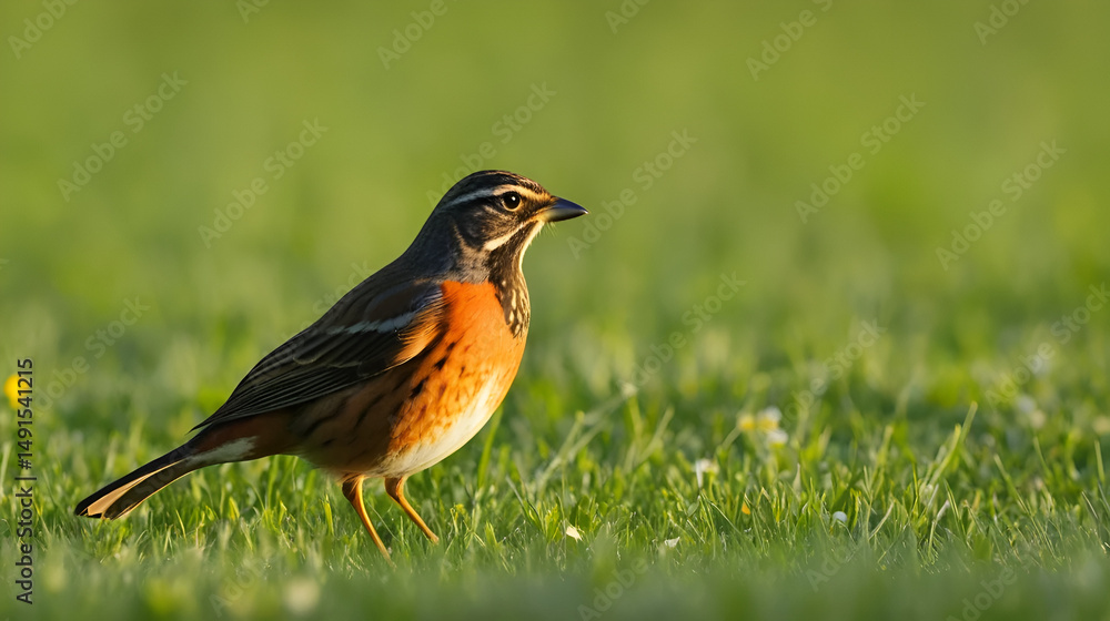 Fototapeta premium Bird - Redwing Turdus iliacus on the spring green meadow amazing warm light sunset sundown