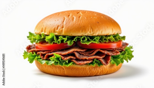 Delicious gourmet burger with fresh vegetables fast food restaurant food photography clean white background close-up view culinary delight