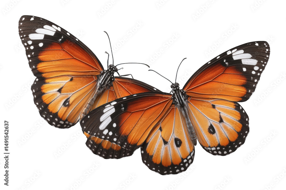 Fototapeta premium Two orange monarch butterflies isolated on transparent background.png white background