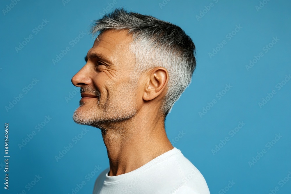 Obraz premium Blue solid background. A classy midlife man with a timeless look. Creative art of style for aging men. Chic men's mullet haircut - midlife arabian man with short hair.