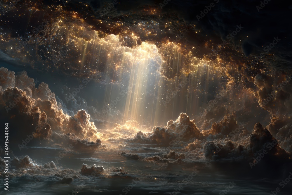 Fototapeta premium Illuminated Cloudscape. Radiant beams of light breaking through clouds, creating a heavenly scene.