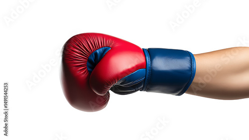 Red and blue boxing gloves punching to the right. isolated on transparent background.