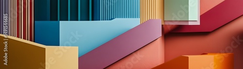 Abstract geometric shapes in various vibrant colors.