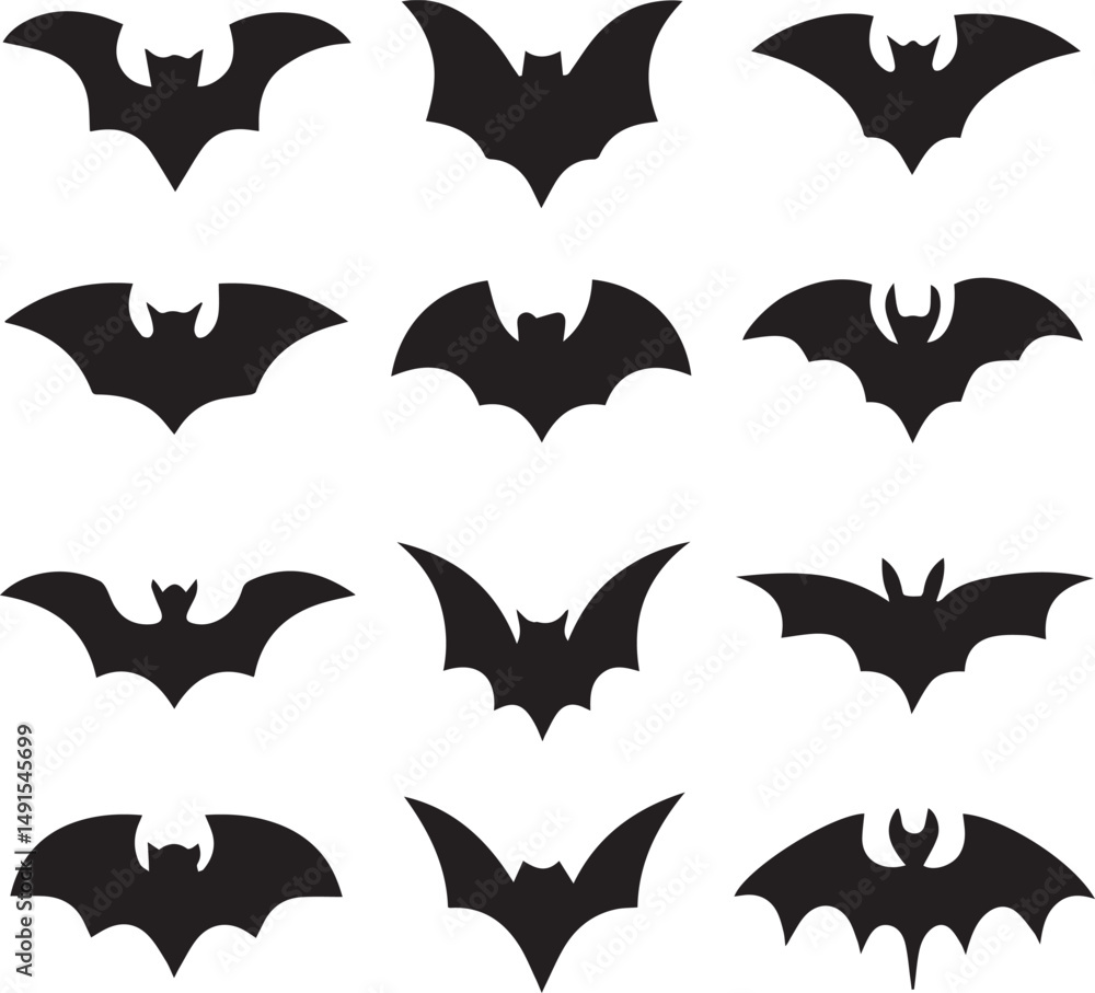 Naklejka premium black halloween bat set silhouette vector, halloween bat set clipart vector