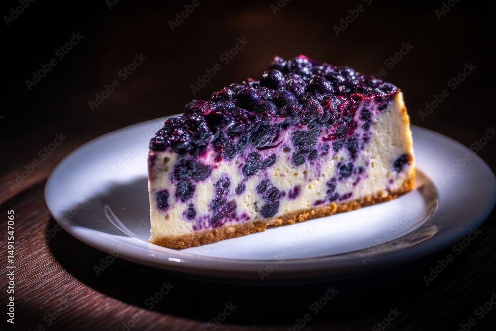 A slice of blueberry cheesecake sits on a white plate, featuring a rich, creamy texture and a glossy blueberry topping. A slice of blueberry cheesecake sits on a white plate, featuring a rich, creamy texture and a glossy blueberry topping.