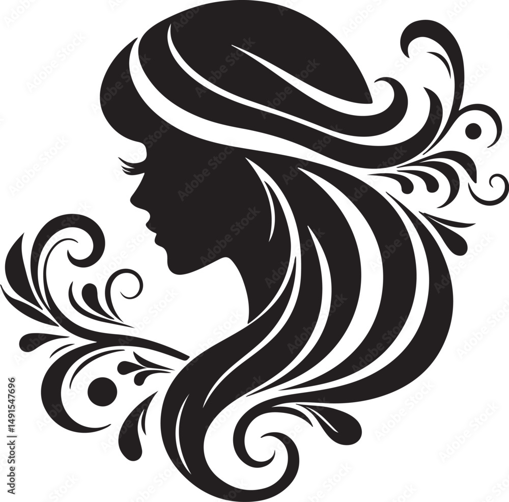 Fototapeta premium Elegant Silhouette of a Woman with Flowing Hair and Floral ElementsA minimalist black silhouette of a graceful woman in side profile, featuring long flowing wavy hair intertwined with delicate flora
