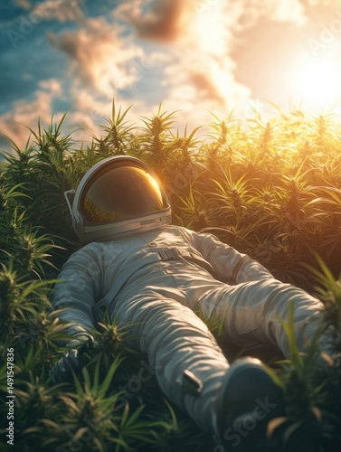 A relaxed astronaut reclines amidst a lush field of cannabis plants under a vibrant sunset sky