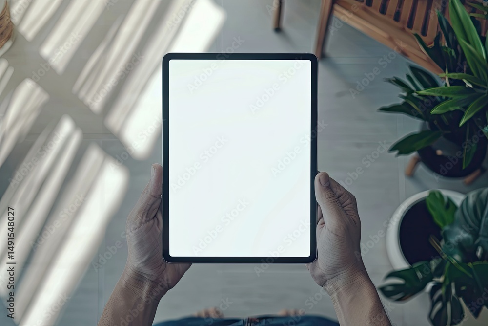 High Definition Image of Top View Image of an Asian Man Using His Digital Tablet in a Room High Definition Image of Top View Image of an Asian Man Using His Digital Tablet in a Room