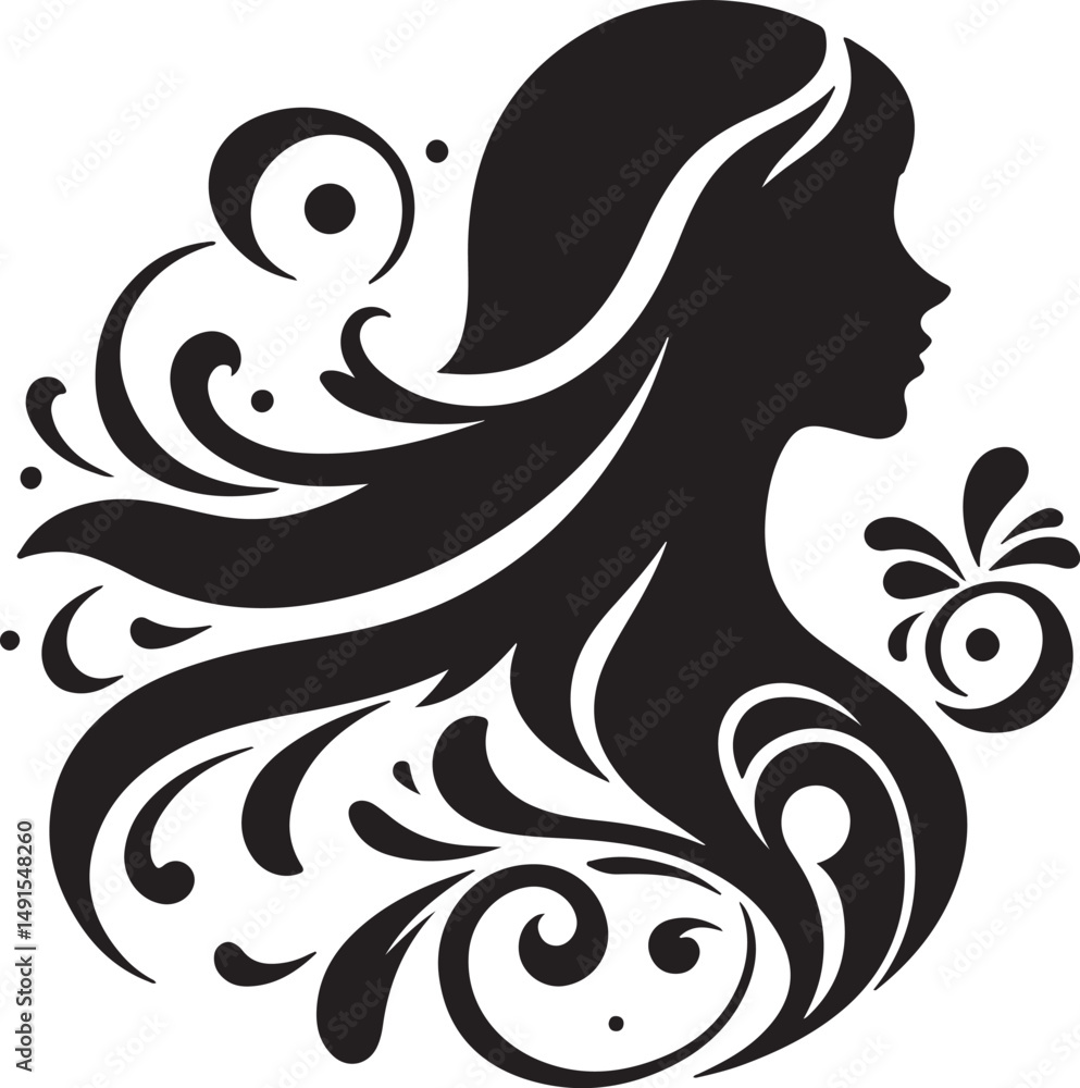 Naklejka premium Elegant Silhouette of a Woman with Flowing Hair and Floral ElementsA minimalist black silhouette of a graceful woman in side profile, featuring long flowing wavy hair intertwined with delicate flora