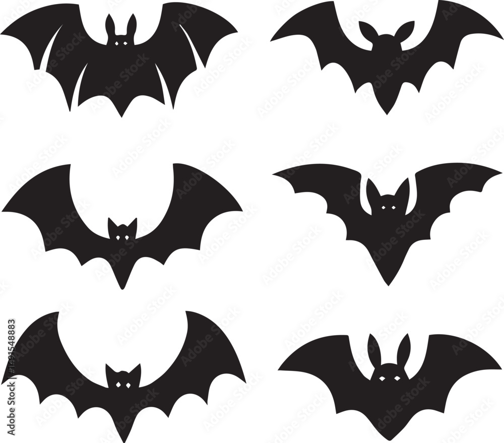 Naklejka premium black halloween bat set silhouette vector, halloween bat set clipart vector