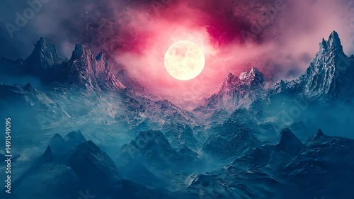 Ethereal mountain range shrouded in mist, illuminated by a large, crimson moon