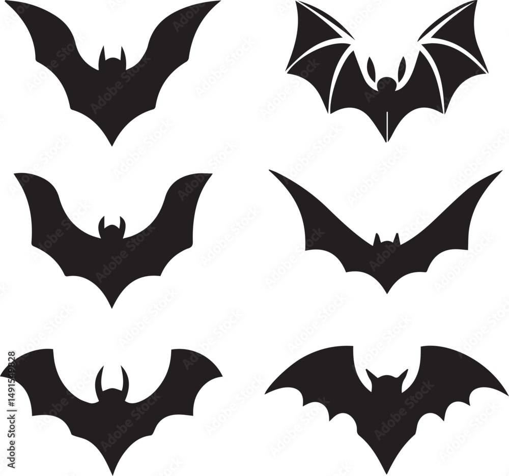 Naklejka premium black halloween bat set silhouette vector, halloween bat set clipart vector
