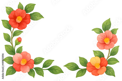 Watercolor camellia frame with green leave isolated on transparent background