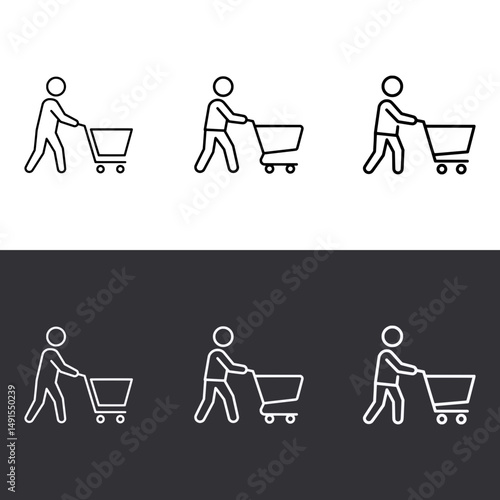 Person Pushing Shopping Cart Icon – Vector Outline – Black and White Preview