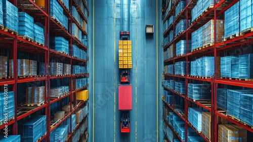 Automated Warehouse with Tall Racks and Robots from Top View