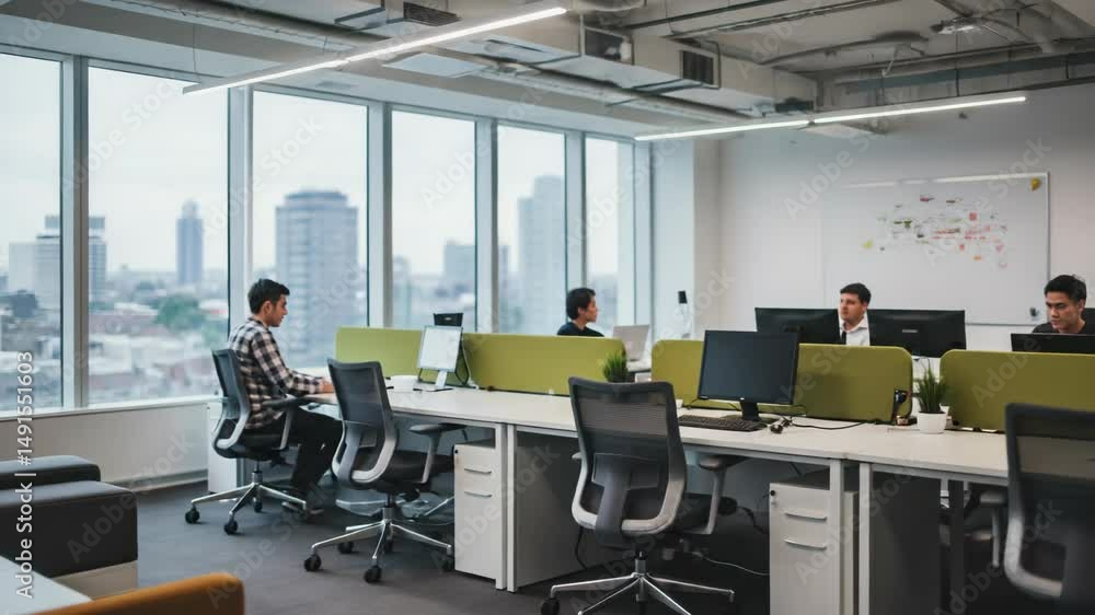 A modern office space with multiple workstations and city views. A modern office space with multiple workstations and city views.