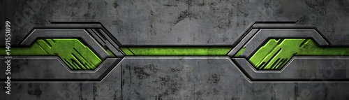 Abstract graphic design with metallic gray and vibrant green accents.