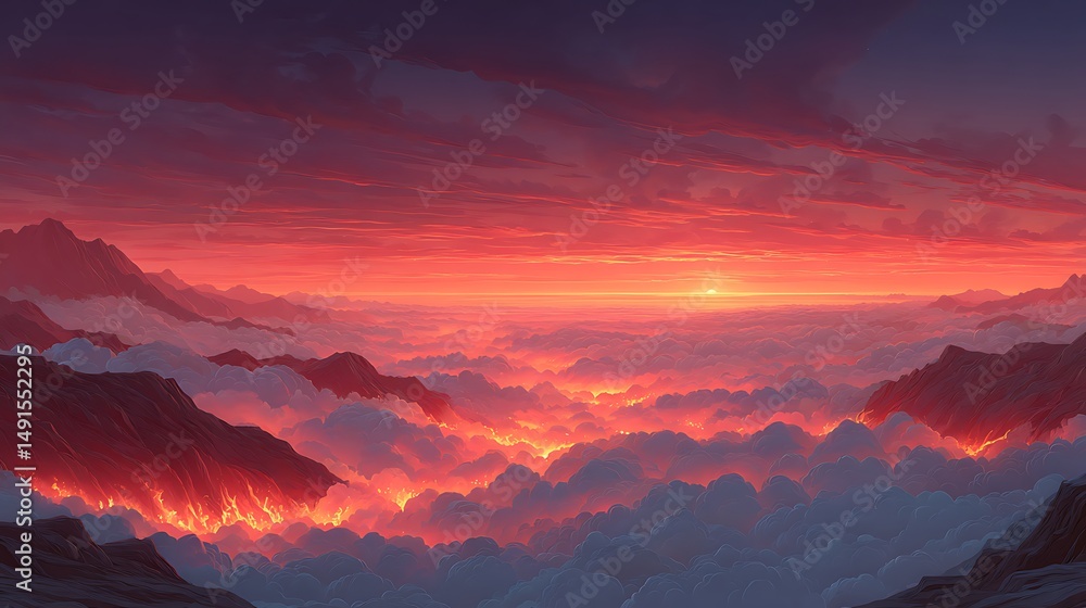 Fiery Sunset over Volcanic Cloudscapes Fiery Sunset over Volcanic Cloudscapes