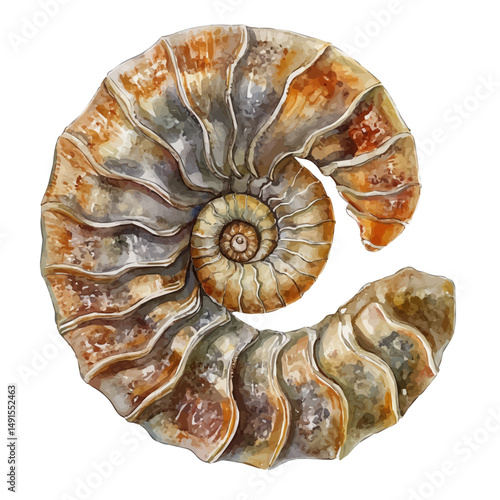 watercolor vector of Giant Ammonite Floating In An Ancient Ocean, high quality, isolated on a white background.