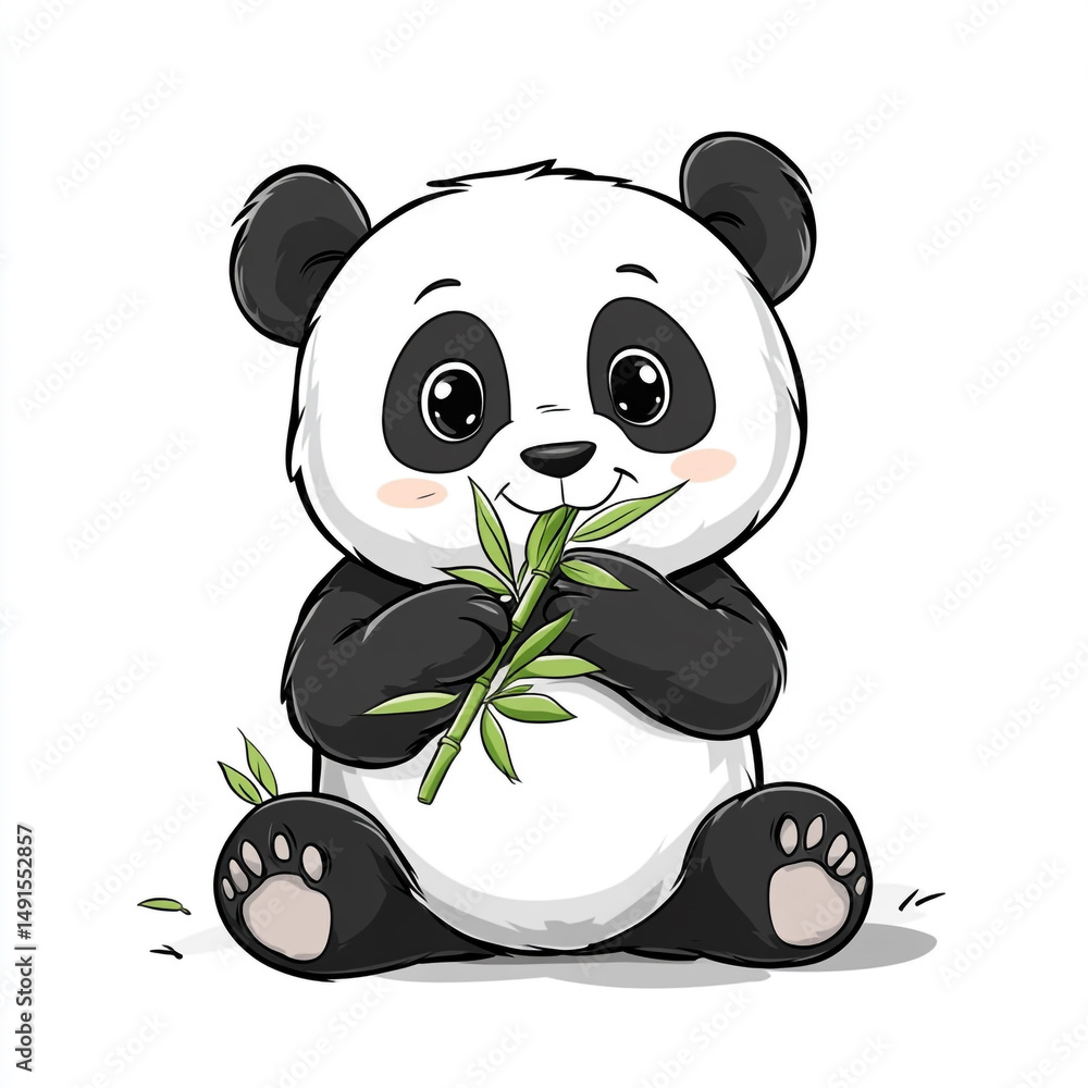 Fototapeta premium A cute cartoon panda sitting and happily eating green bamboo leaves, depicted with large eyes and rosy cheeks on a white background.
