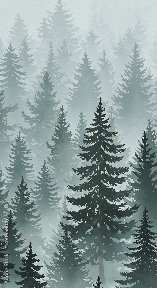 Fototapeta premium Misty Pines: A Verdant Digital Illustration