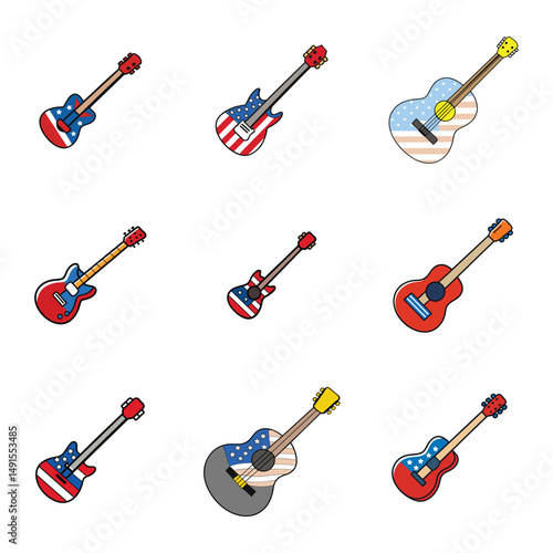 Set of us flag color guitar vector illustration on white background.