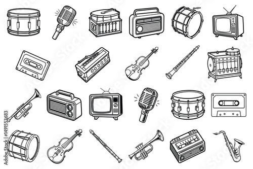 Set of vintage entertainment element likes television, radio, violin, double bass, mic, cassette, guitar,saxophone, flute vector illustration on white background.