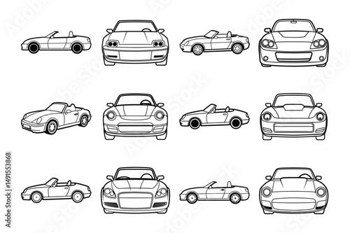 Set of vintage side,top front views of car line art vector illustration on white background.